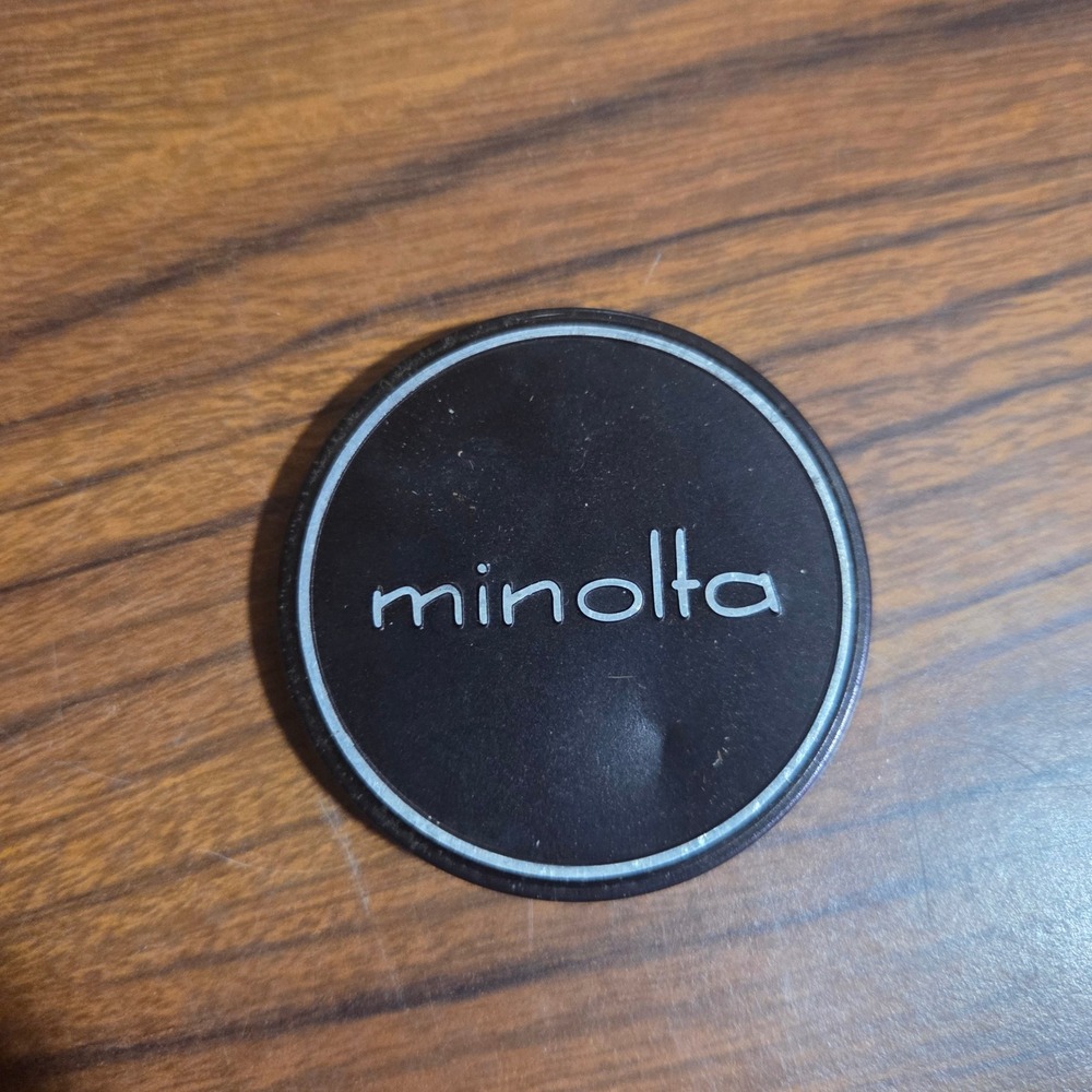 Vintage Minolta 57mm Push-On Front Lens Cap Black Metal Silver Ring Logo